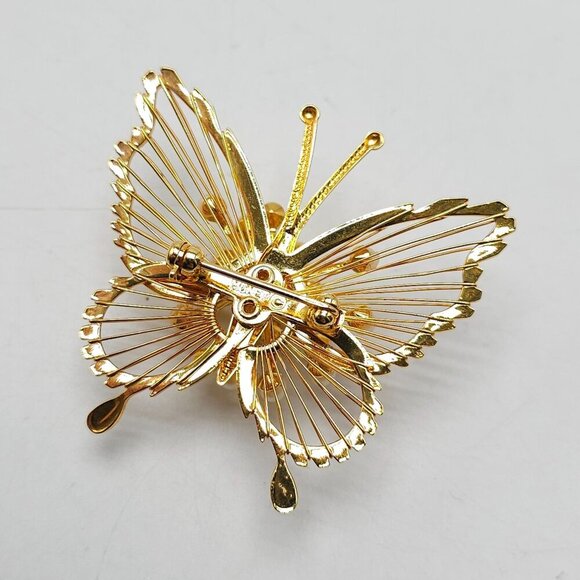 Gold Tone Butterfly Brooch With Faux Pearl Accents By Monet - Picture 3 of 5
